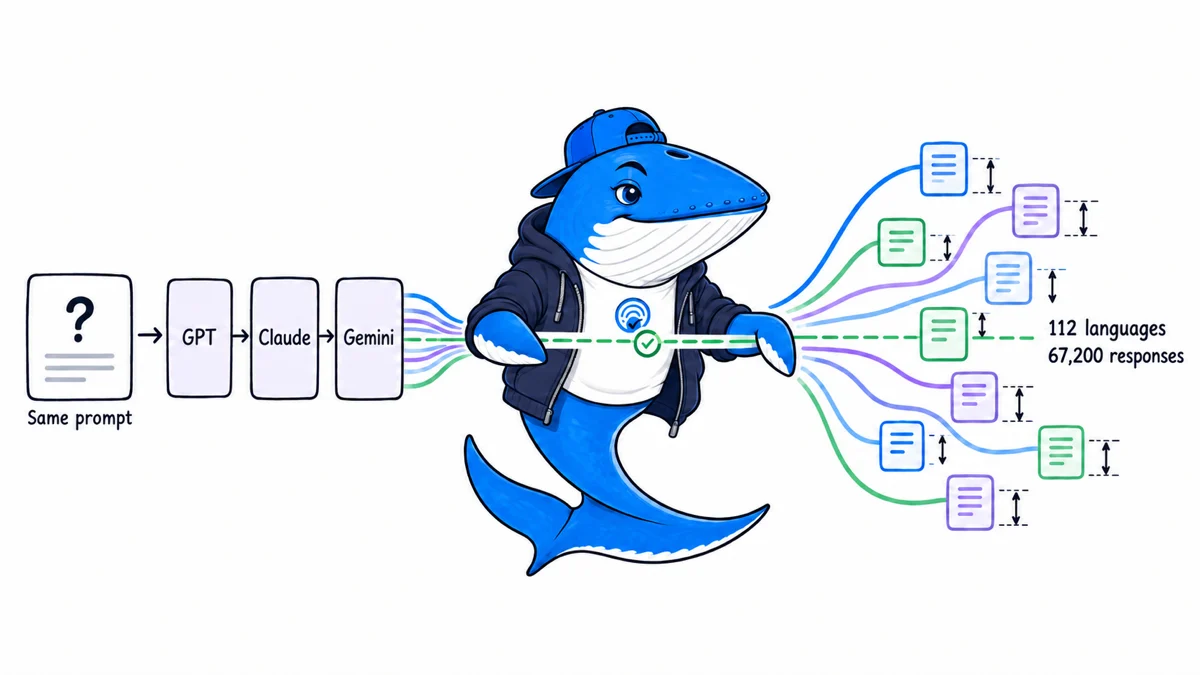 Sonar the Answer Whale holds a calibration line as the same prompt produces different answer positions across 112 languages