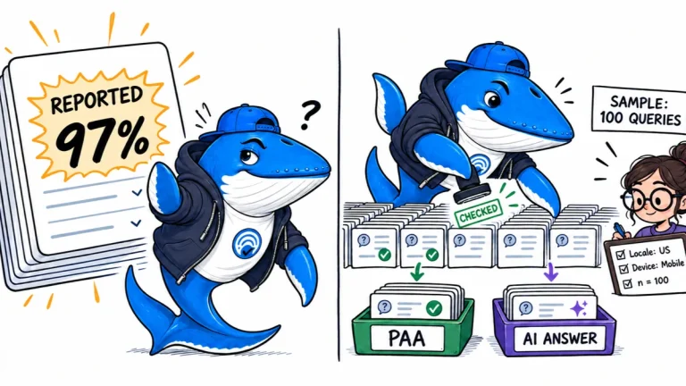 Sonar the Answer Whale compares a reported 97 percent figure with a 100-query PAA audit