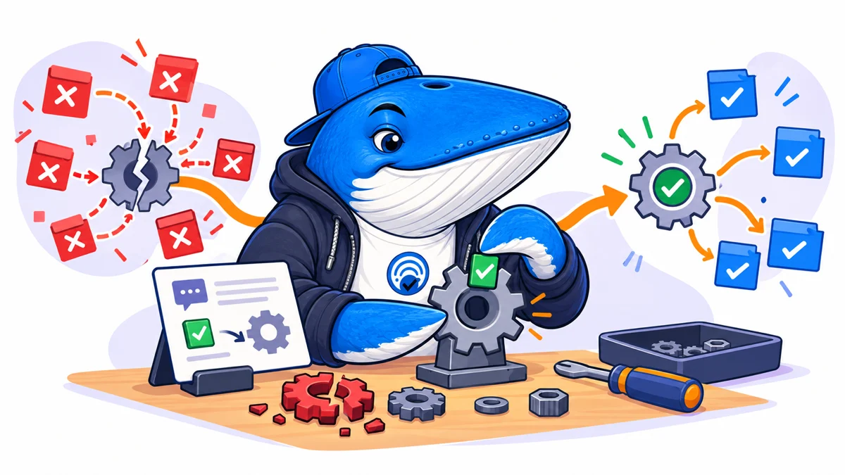 Sonar the Answer Whale studies a broken tool gear and uses a verified correction to reduce later failures