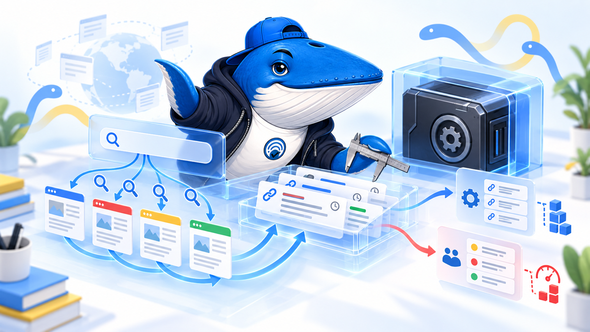 Sonar the Answer Whale measures web result cards beside an open wrapper and a sealed compiled search core