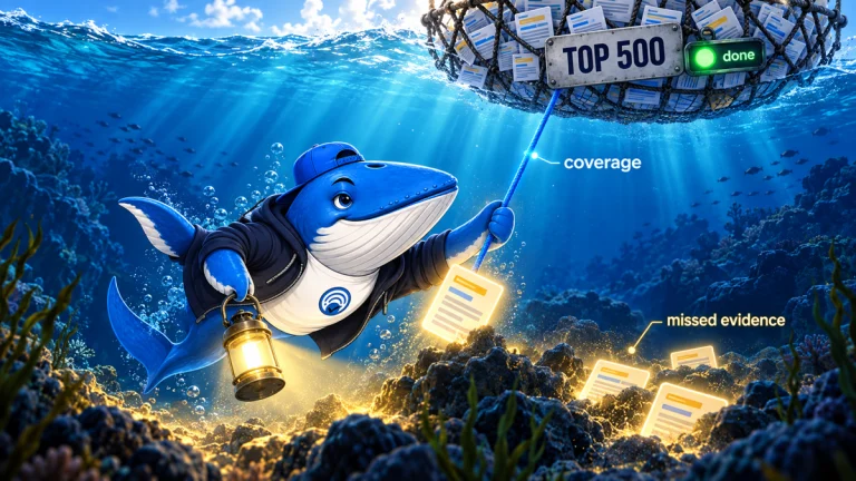 Sonar the Answer Whale dives below a full top-500 retrieval net to recover glowing missed evidence cards