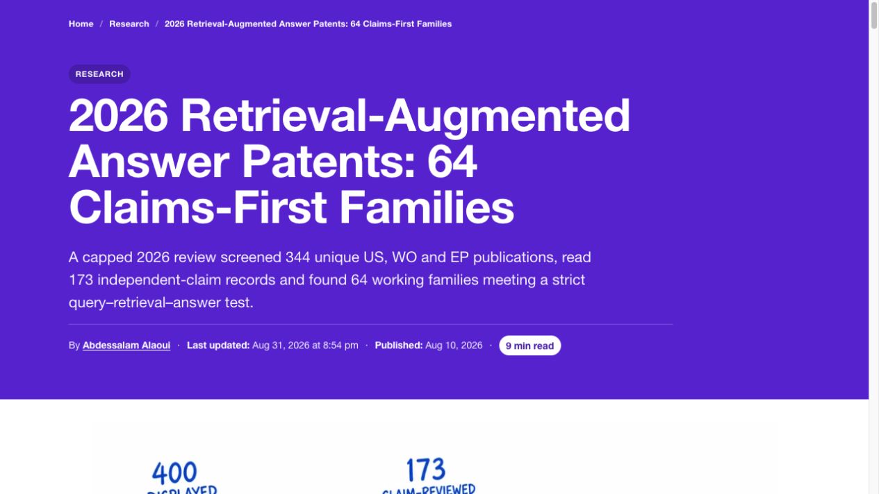 SearchEngineAnswer retrieval-augmented answer patent audit showing the 64-family result