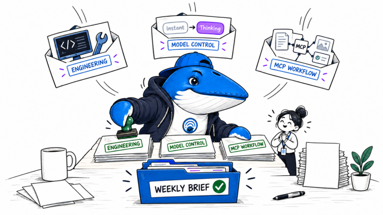 Sonar sorts engineering, model-control, and MCP-workflow evidence into one verified weekly briefing while an editor reacts with relief.