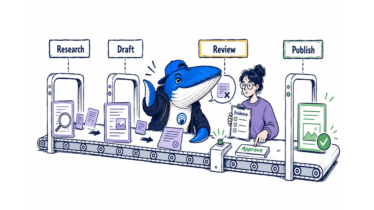 Sonar stops a weak automated draft while an editor checks evidence before the publish gate.