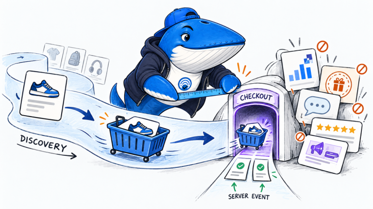 Sonar the Answer Whale measures a narrow product-to-checkout tunnel while analytics, loyalty, chat and review modules remain outside it.