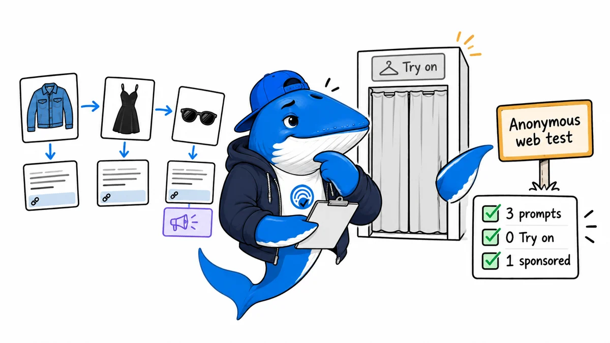 Sonar the Answer Whale checks three clothing and accessory shopping prompts while a virtual try-on fitting room remains unavailable