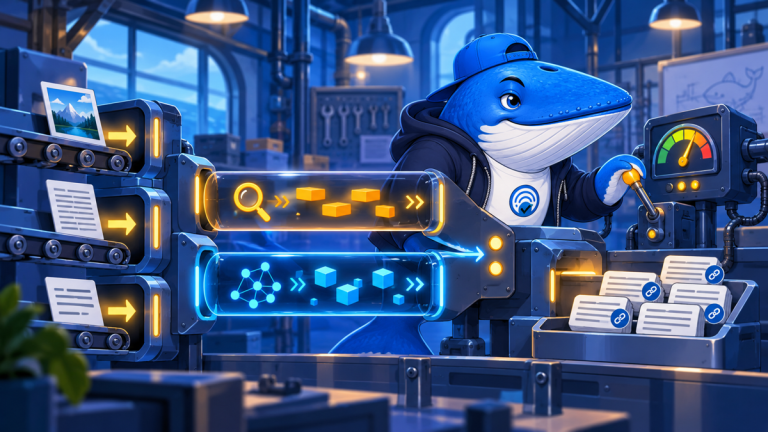 Sonar the Answer Whale routes images, scanned pages and text through keyword and semantic retrieval lanes