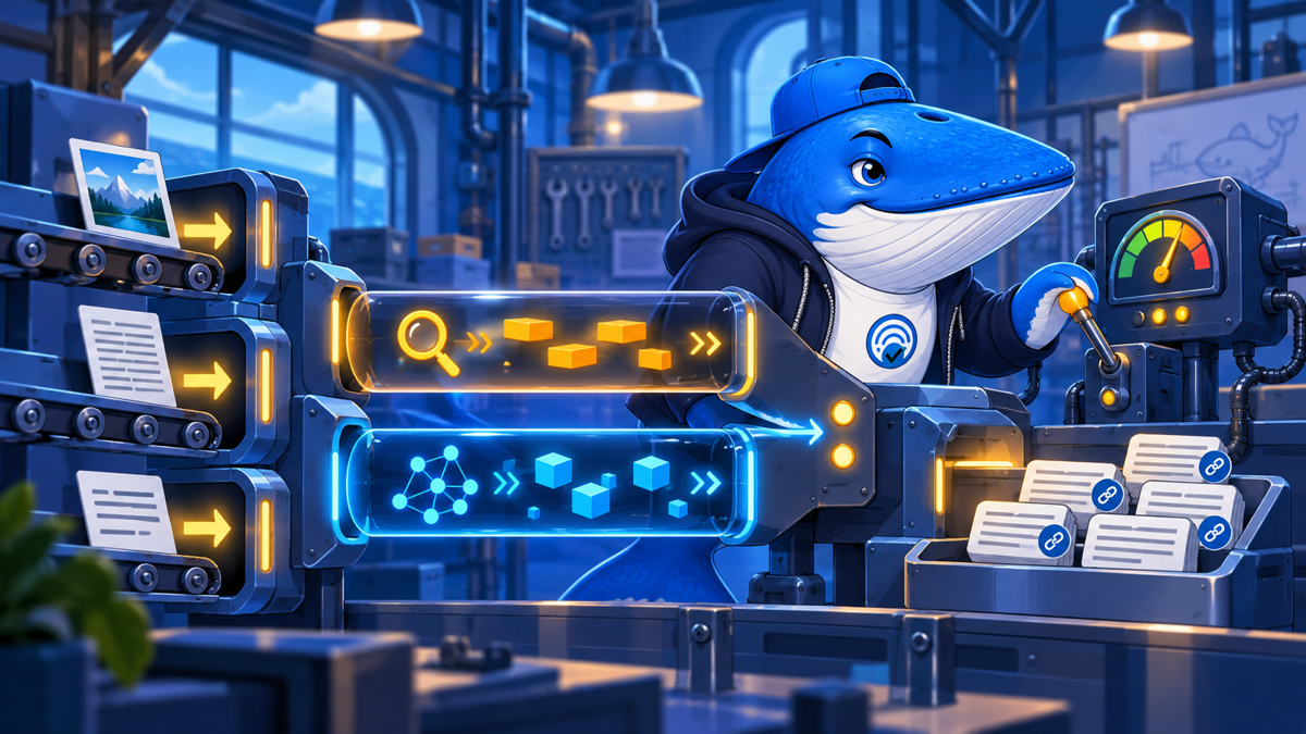 Sonar the Answer Whale routes images, scanned pages and text through keyword and semantic retrieval lanes