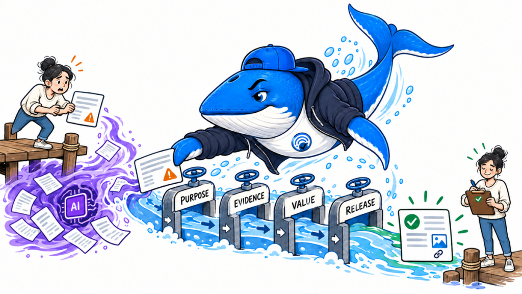 Sonar the Answer Whale catches an unfinished AI-assisted page and routes it through purpose, evidence, value and release gates