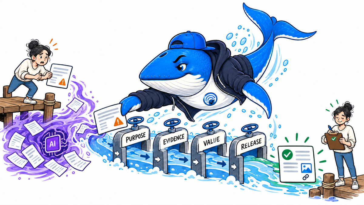 Sonar the Answer Whale catches an unfinished AI-assisted page and routes it through purpose, evidence, value and release gates