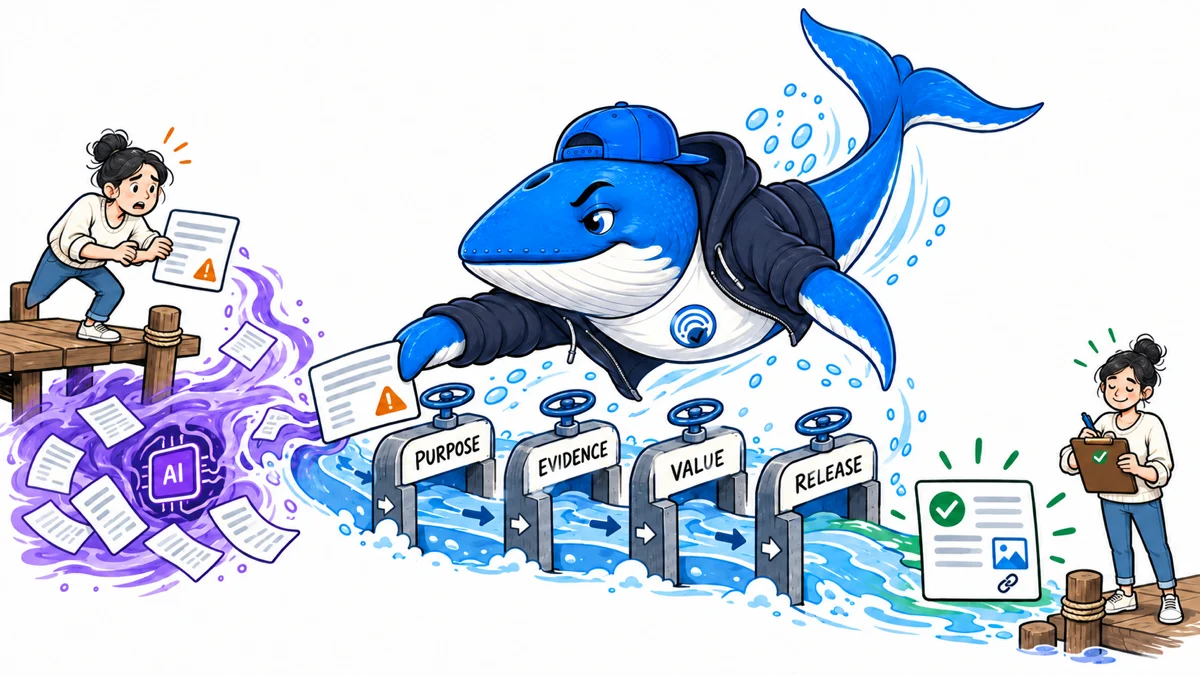 Sonar the Answer Whale catches an unfinished AI-assisted page and routes it through purpose, evidence, value and release gates