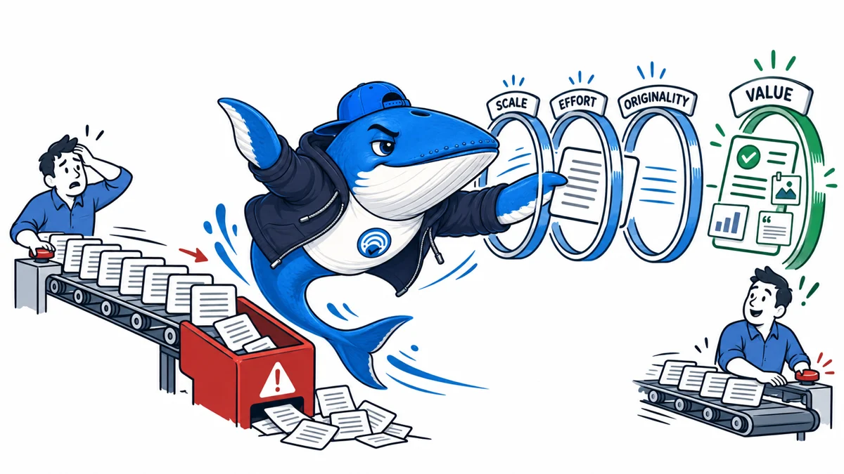 Sonar the Answer Whale pulls one page away from a duplicate-content conveyor and guides it through effort, originality and value checks