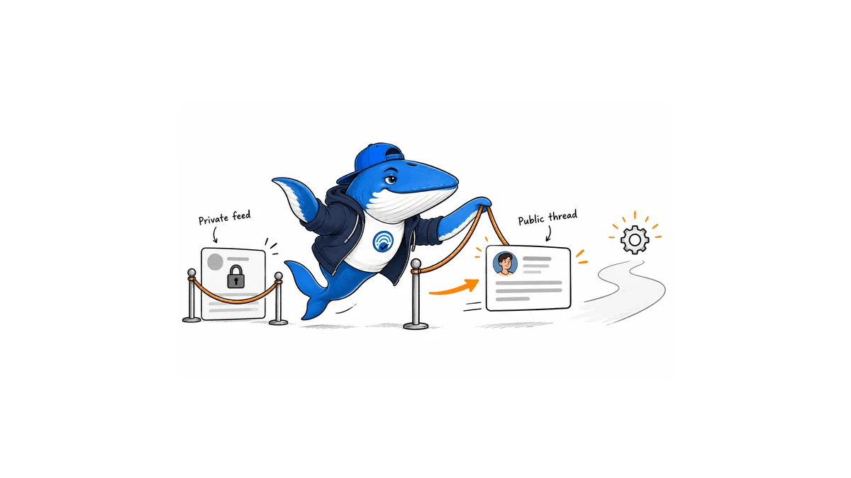 Sonar lifts a rope for a public forum thread card with a visible creator, while a locked feed card waits outside.
