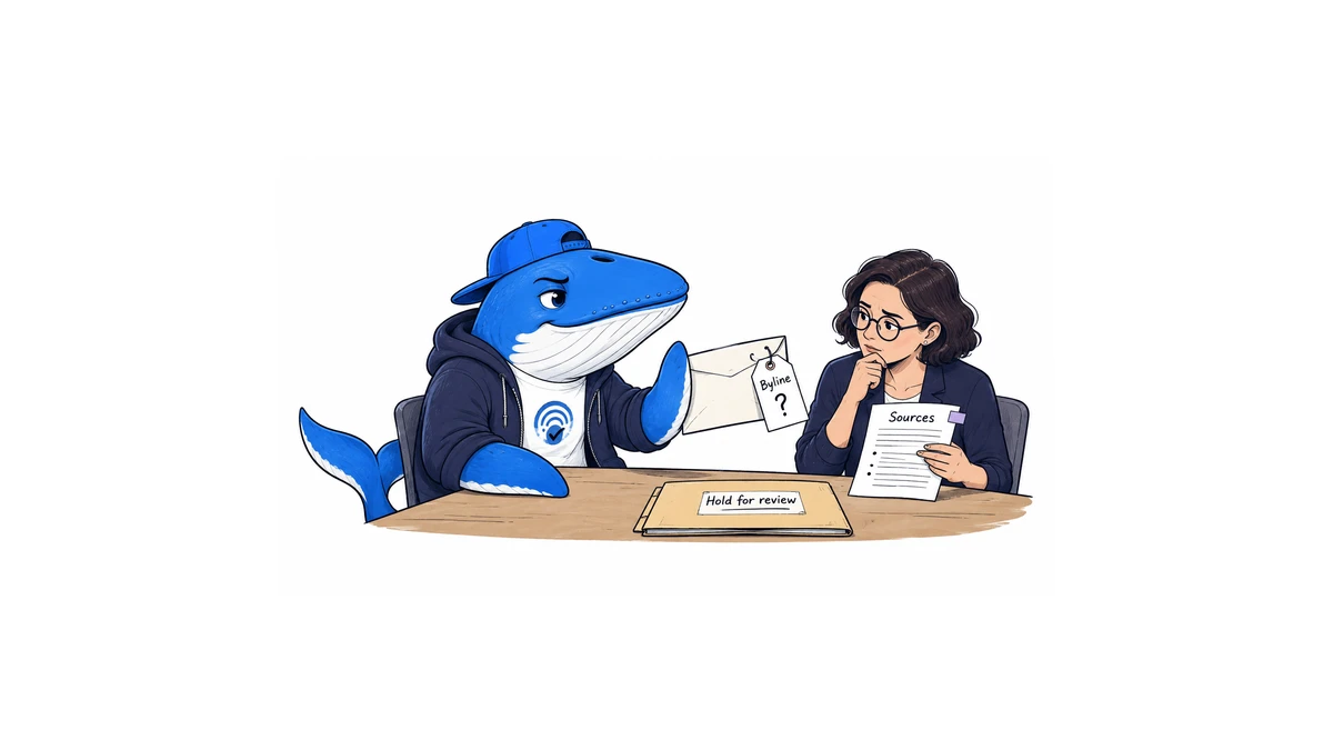 Sonar pauses a contributed article at an editor’s desk until its byline and source provenance can be checked.