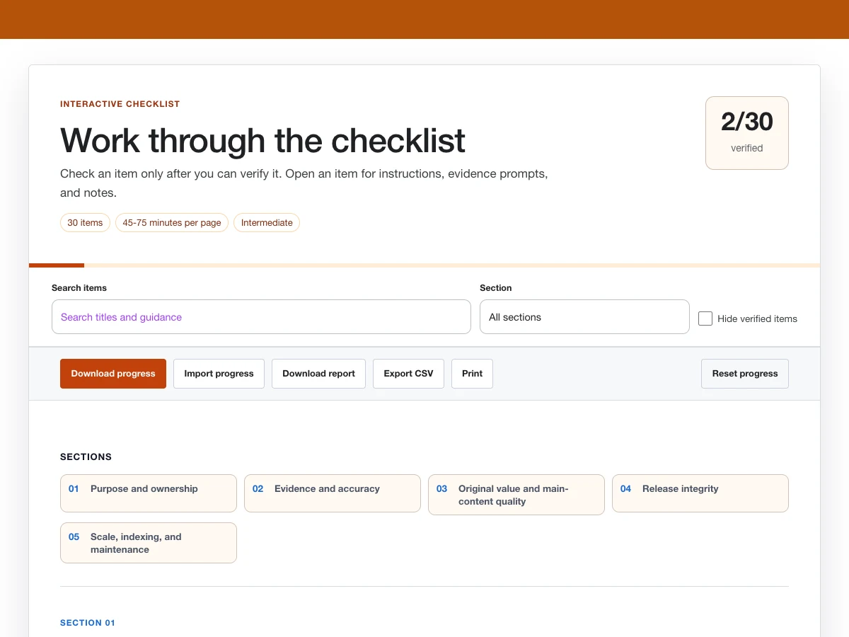 Generative AI content checklist showing two example items checked out of 30 during an interface test.