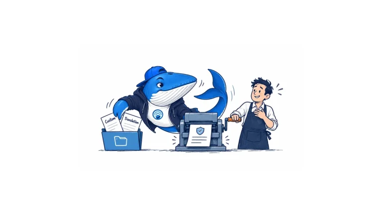 Sonar saves custom policy pages before a template press replaces them, while a shopkeeper pauses the change.