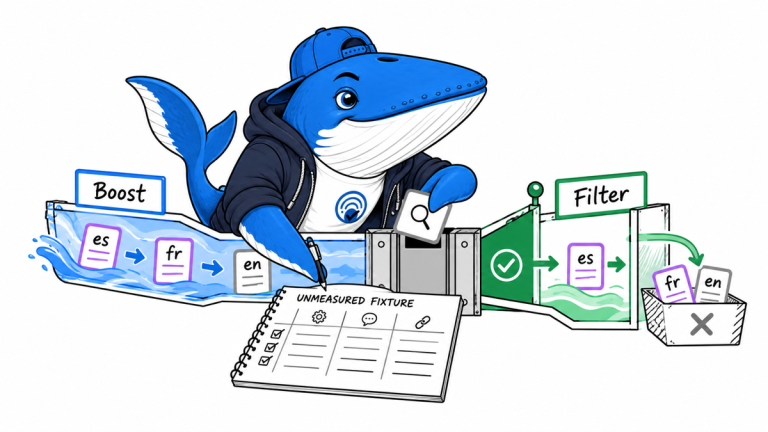 Sonar the Answer Whale routes one multilingual query through a language boost channel and a strict language filter gate